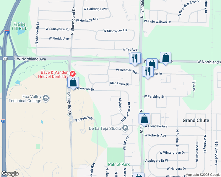 map of restaurants, bars, coffee shops, grocery stores, and more near 2741 West Glenpark Drive in Appleton