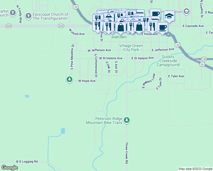 map of restaurants, bars, coffee shops, grocery stores, and more near 266 West Sisters View Drive in Sisters