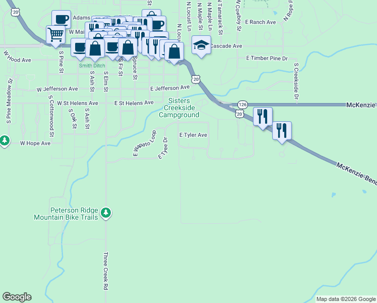 map of restaurants, bars, coffee shops, grocery stores, and more near 860 South Locust Street in Sisters