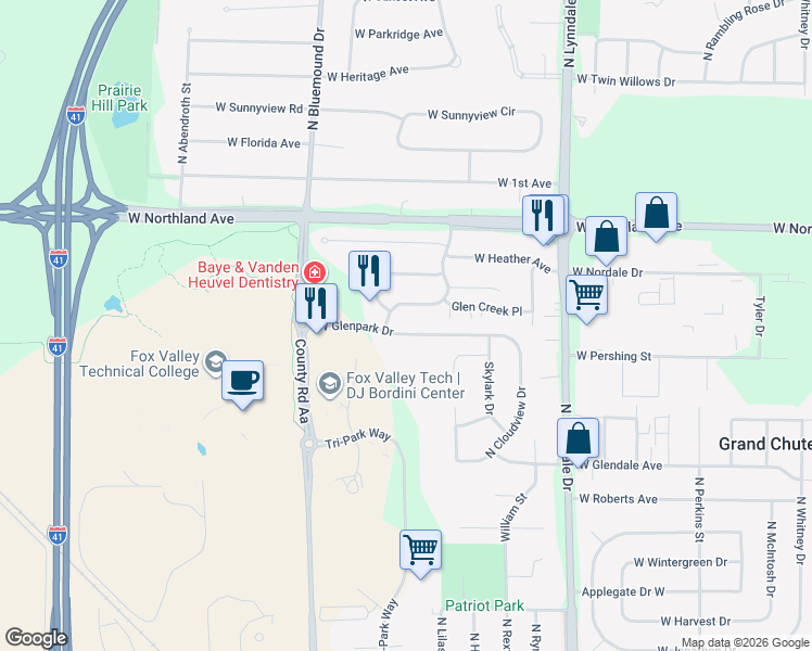 map of restaurants, bars, coffee shops, grocery stores, and more near 2909 West Glenpark Drive in Appleton