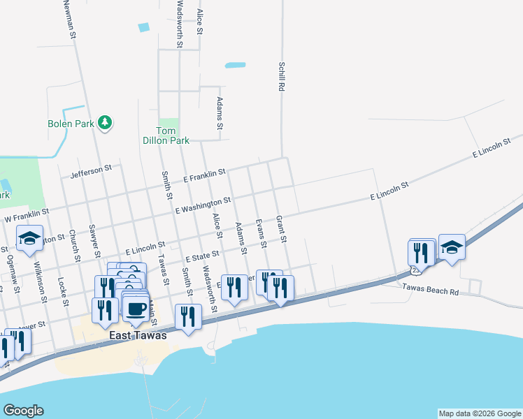 map of restaurants, bars, coffee shops, grocery stores, and more near 410 Evans Street in East Tawas