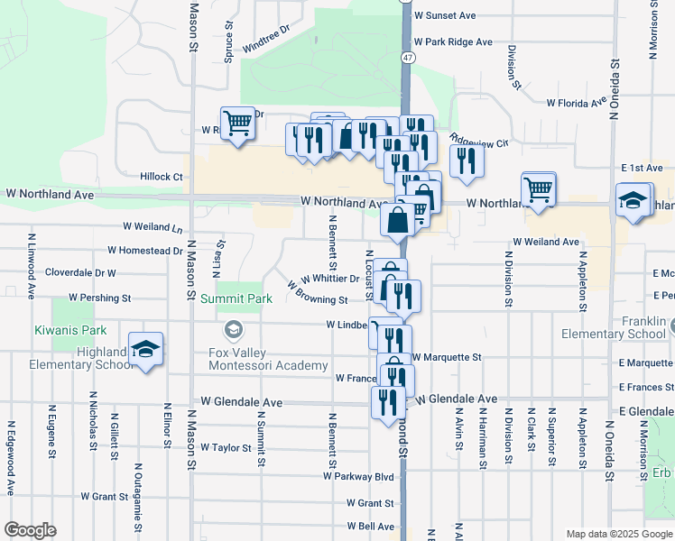 map of restaurants, bars, coffee shops, grocery stores, and more near 2602 North Bennett Street in Appleton