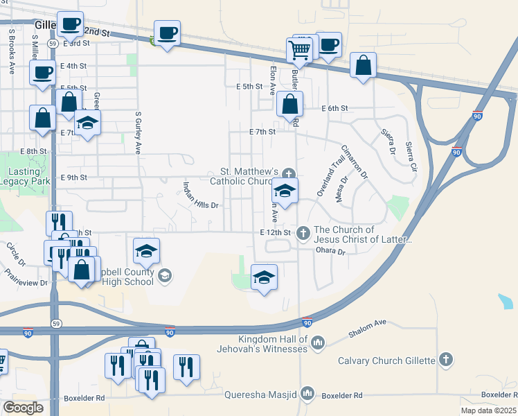 map of restaurants, bars, coffee shops, grocery stores, and more near 1011 Church Avenue in Gillette