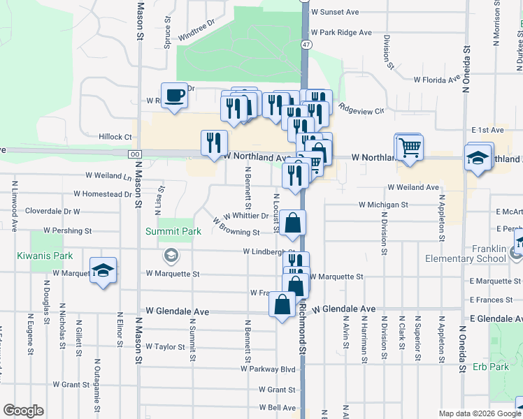 map of restaurants, bars, coffee shops, grocery stores, and more near 833 West Whittier Drive in Appleton