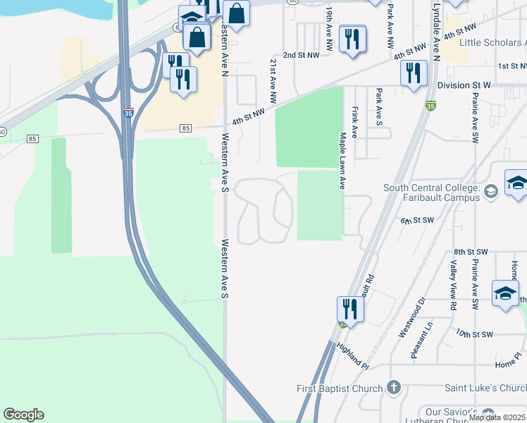 map of restaurants, bars, coffee shops, grocery stores, and more near 415 Western Avenue Southwest in Faribault