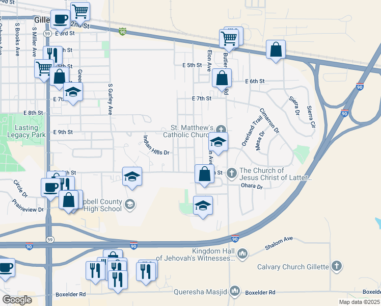 map of restaurants, bars, coffee shops, grocery stores, and more near 1025 Church Avenue in Gillette