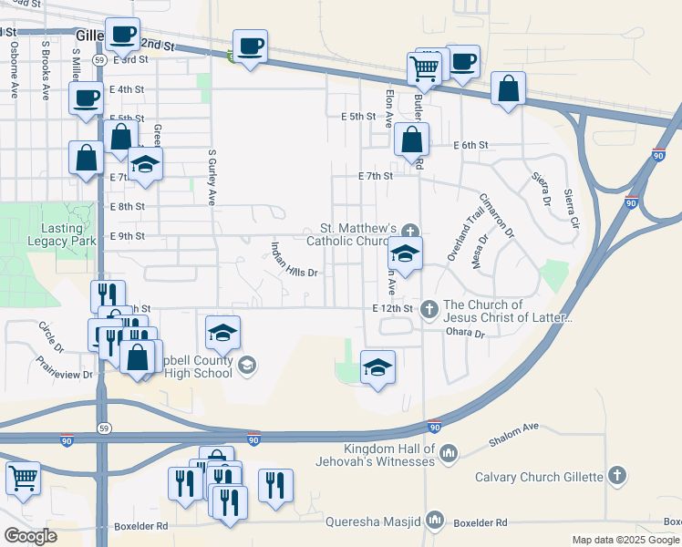 map of restaurants, bars, coffee shops, grocery stores, and more near 1101 Stanley Avenue in Gillette