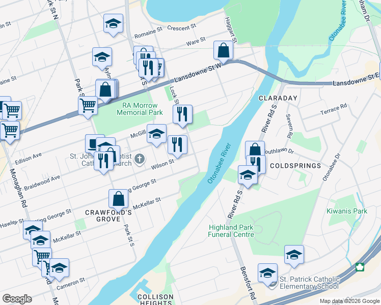 map of restaurants, bars, coffee shops, grocery stores, and more near 727 Lock Street in Peterborough