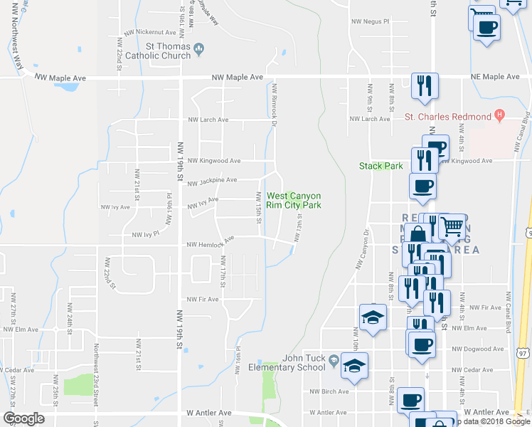 map of restaurants, bars, coffee shops, grocery stores, and more near 942 Northwest 15th Street in Redmond