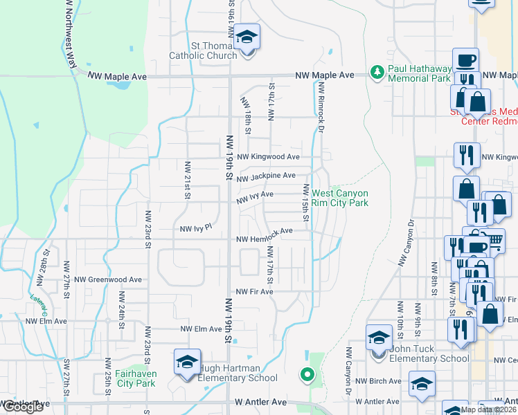 map of restaurants, bars, coffee shops, grocery stores, and more near 955 Northwest 17th Street in Redmond