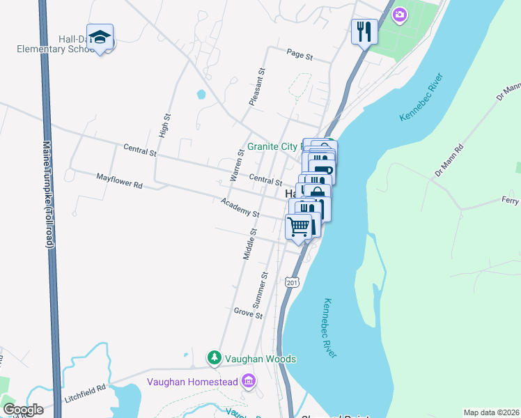 map of restaurants, bars, coffee shops, grocery stores, and more near 40 Middle Street in Hallowell