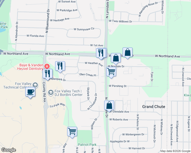 map of restaurants, bars, coffee shops, grocery stores, and more near 2467 North Lynndale Drive in Appleton