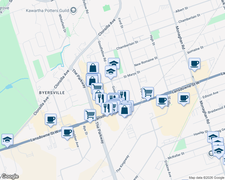 map of restaurants, bars, coffee shops, grocery stores, and more near 33 Goodfellow Road in Peterborough