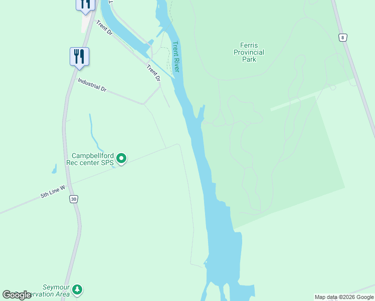 map of restaurants, bars, coffee shops, grocery stores, and more near 5 Riverside Trail in Trent Hills
