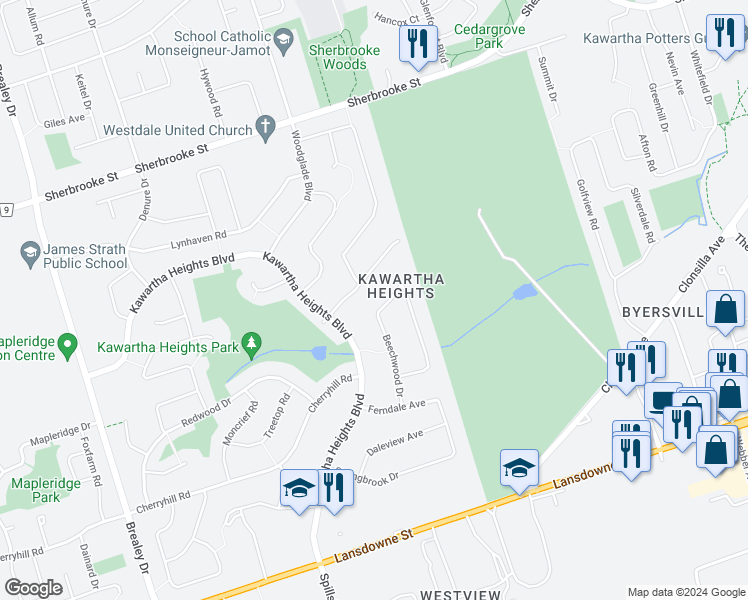 map of restaurants, bars, coffee shops, grocery stores, and more near in Peterborough