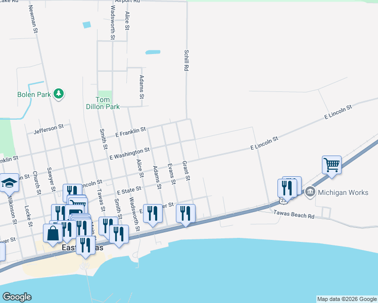 map of restaurants, bars, coffee shops, grocery stores, and more near 900-998 East Washington Street in East Tawas