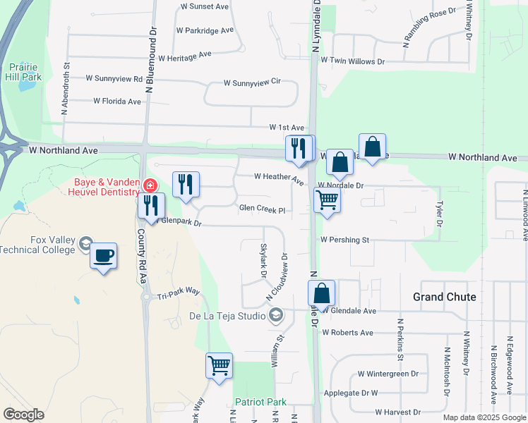 map of restaurants, bars, coffee shops, grocery stores, and more near 2628 West Parkmoor Court in Appleton