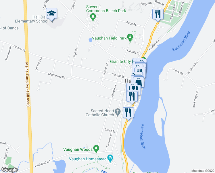 map of restaurants, bars, coffee shops, grocery stores, and more near 29 Academy Street in Hallowell