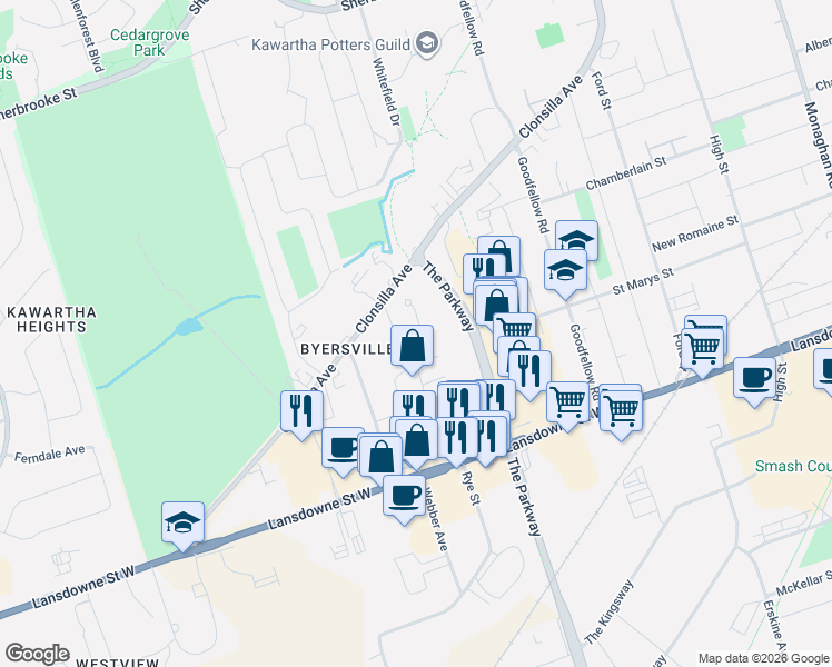 map of restaurants, bars, coffee shops, grocery stores, and more near in Peterborough