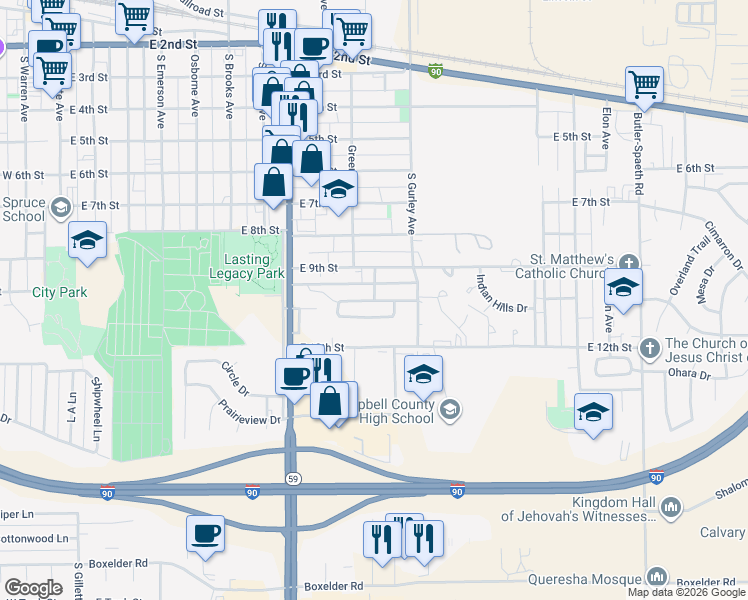 map of restaurants, bars, coffee shops, grocery stores, and more near 24 East 9th Street in Gillette