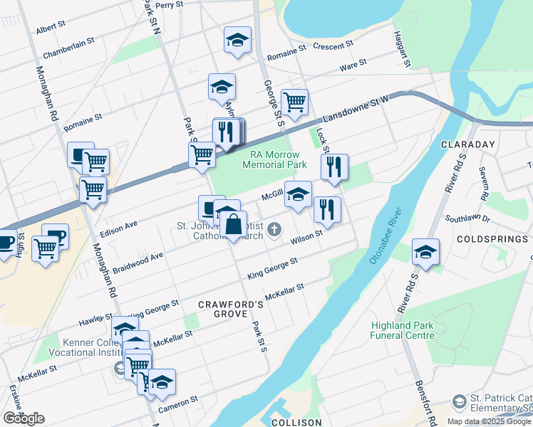 map of restaurants, bars, coffee shops, grocery stores, and more near 300 Braidwood Avenue in Peterborough