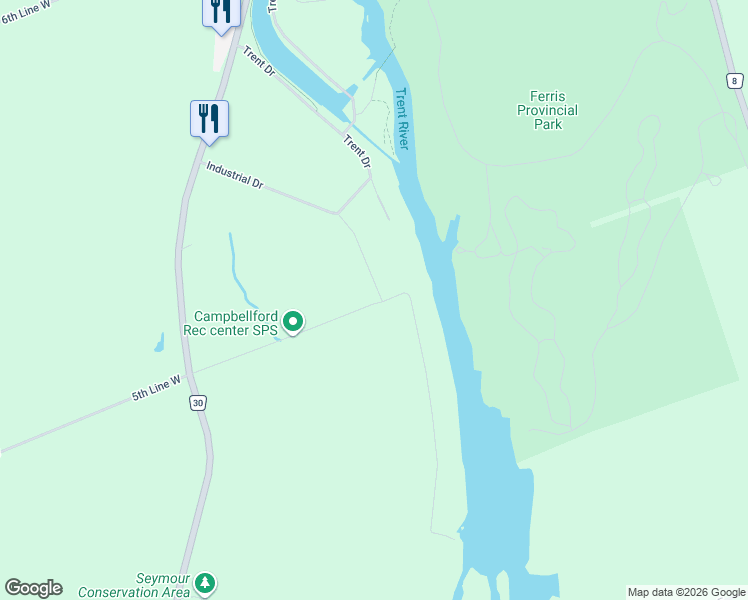 map of restaurants, bars, coffee shops, grocery stores, and more near 15 Ranney Gorge Drive in Campbellford