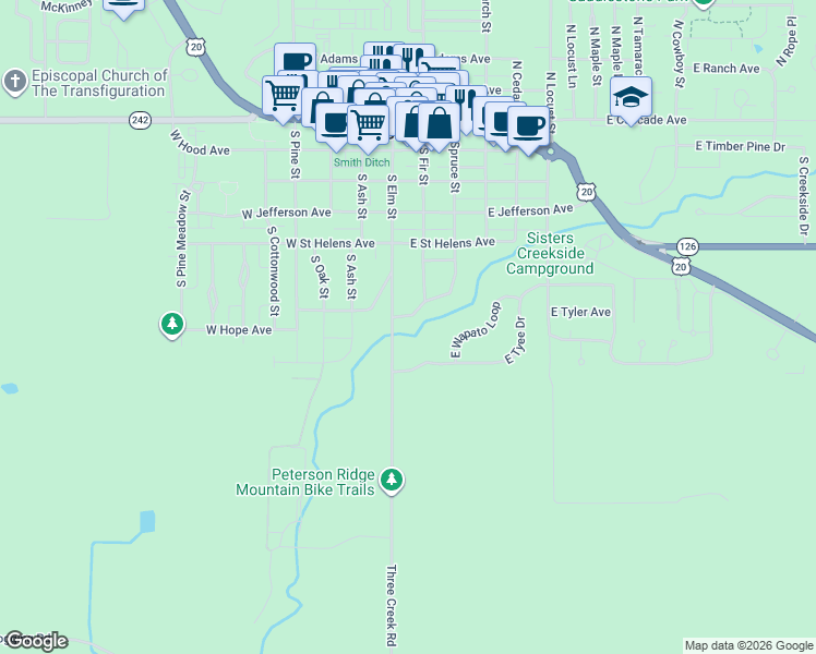 map of restaurants, bars, coffee shops, grocery stores, and more near 133 East Black Crater Avenue in Sisters