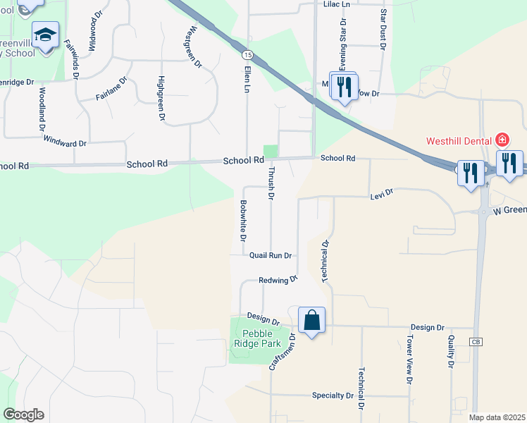 map of restaurants, bars, coffee shops, grocery stores, and more near N1251 Thrush Drive in Greenville