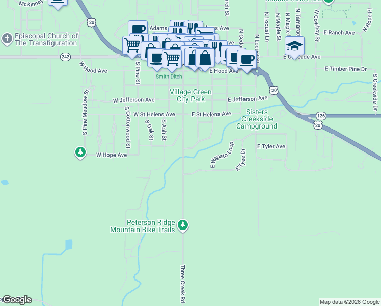 map of restaurants, bars, coffee shops, grocery stores, and more near 133 East Black Crater Avenue in Sisters