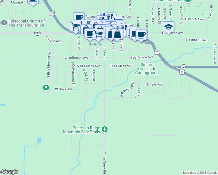 map of restaurants, bars, coffee shops, grocery stores, and more near 133 East Black Crater Avenue in Sisters