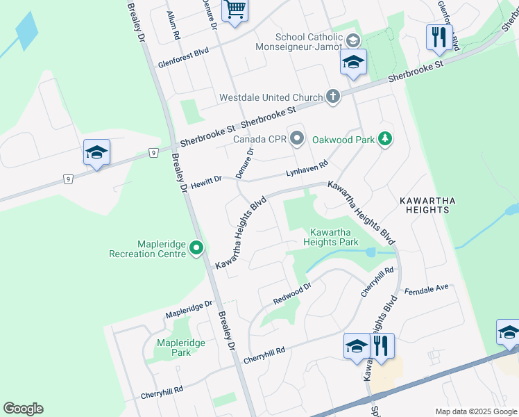 map of restaurants, bars, coffee shops, grocery stores, and more near 2292 Kawartha Heights Boulevard in Peterborough