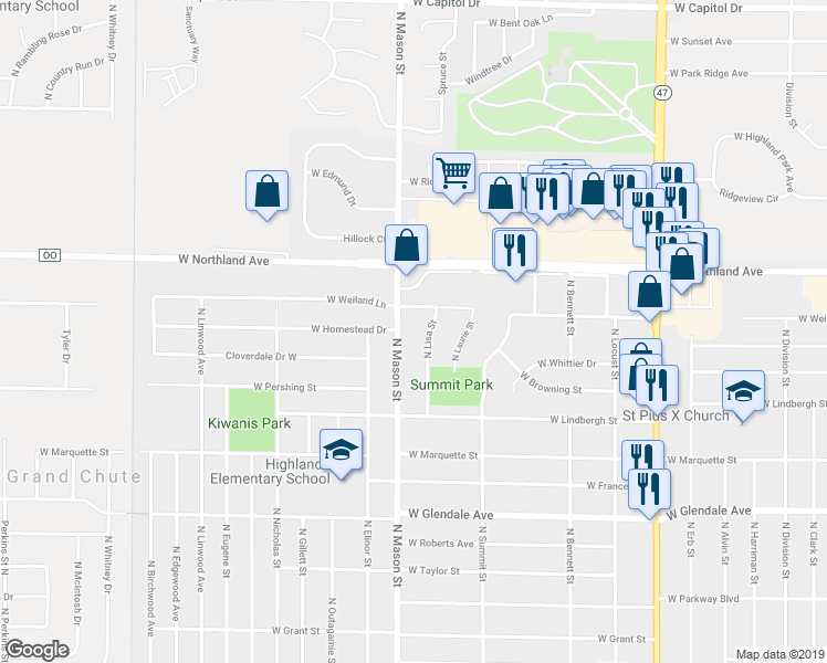 map of restaurants, bars, coffee shops, grocery stores, and more near 2636 North Mason Street in Appleton
