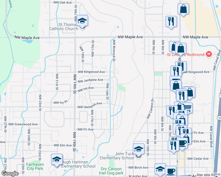 map of restaurants, bars, coffee shops, grocery stores, and more near 1008 Northwest 15th Street in Redmond
