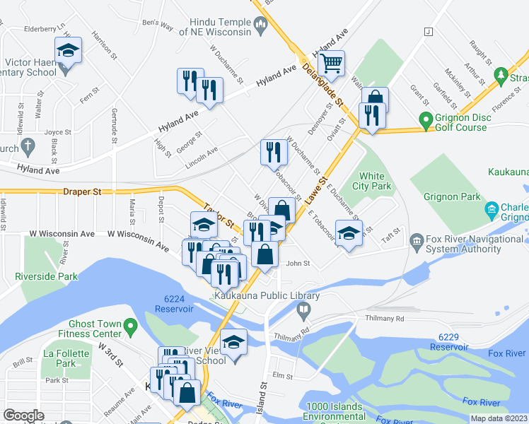 map of restaurants, bars, coffee shops, grocery stores, and more near 209 West Division Street in Kaukauna