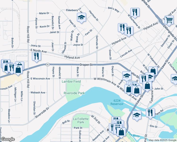 map of restaurants, bars, coffee shops, grocery stores, and more near 228 Margaret Street in Kaukauna