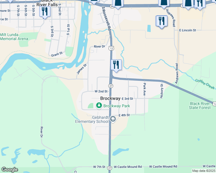 map of restaurants, bars, coffee shops, grocery stores, and more near 208 Gebhardt Road in Black River Falls