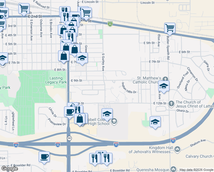 map of restaurants, bars, coffee shops, grocery stores, and more near 18 East 9th Street in Gillette
