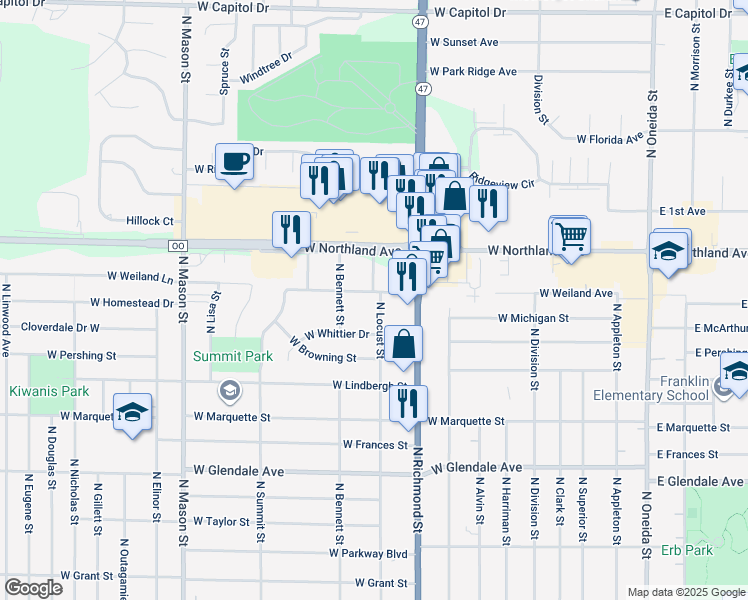 map of restaurants, bars, coffee shops, grocery stores, and more near 801 West Weiland Avenue in Appleton