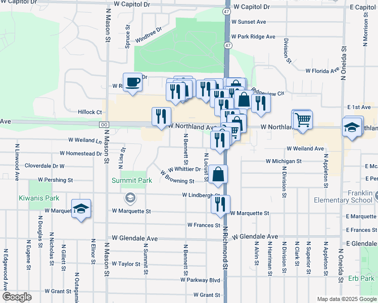 map of restaurants, bars, coffee shops, grocery stores, and more near 2620 North Bennett Street in Appleton