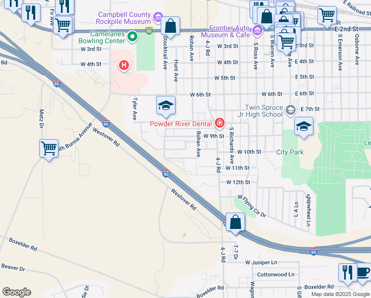 map of restaurants, bars, coffee shops, grocery stores, and more near 1006 Graham Avenue in Gillette