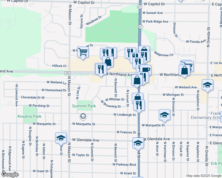 map of restaurants, bars, coffee shops, grocery stores, and more near 935 West Weiland Avenue in Appleton