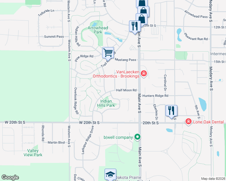 map of restaurants, bars, coffee shops, grocery stores, and more near 199 Half Moon Road in Brookings