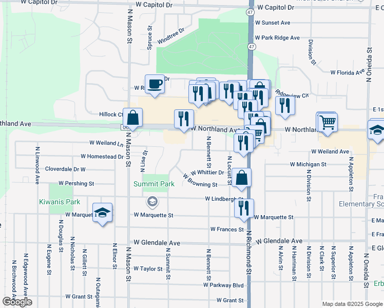 map of restaurants, bars, coffee shops, grocery stores, and more near 935 West Weiland Avenue in Appleton