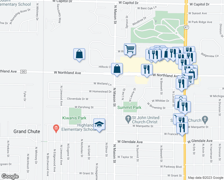 map of restaurants, bars, coffee shops, grocery stores, and more near 1300 West Homestead Drive in Appleton