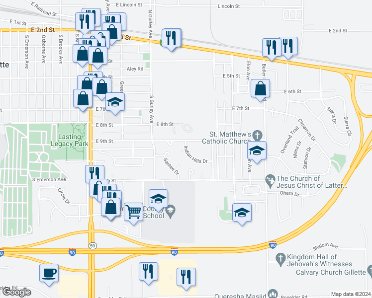map of restaurants, bars, coffee shops, grocery stores, and more near 950 Indian Hills Dr in Gillette