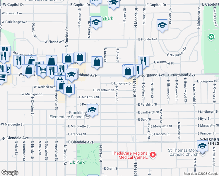map of restaurants, bars, coffee shops, grocery stores, and more near 500 E Greenfield St in Appleton