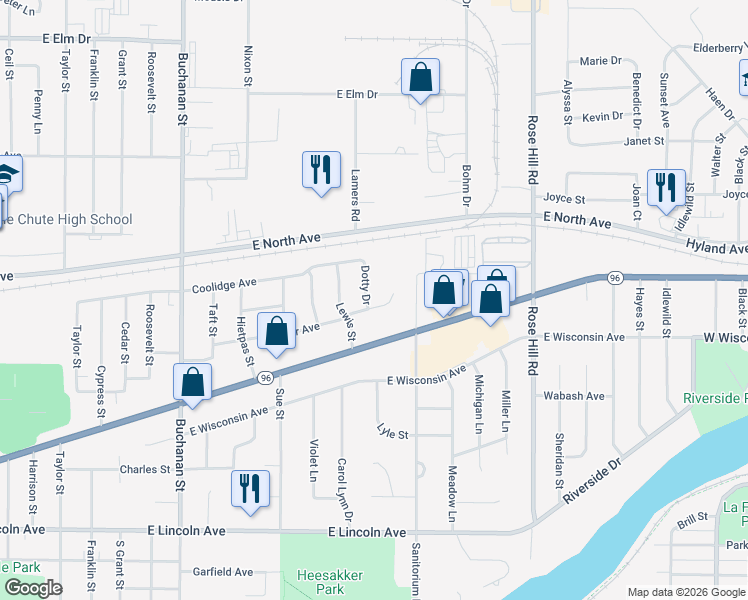 map of restaurants, bars, coffee shops, grocery stores, and more near 1706 Hoover Court in Little Chute