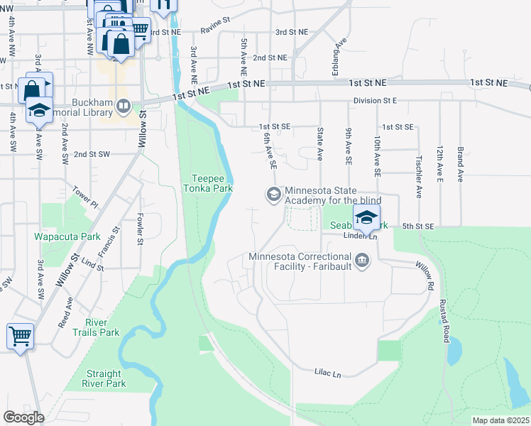 map of restaurants, bars, coffee shops, grocery stores, and more near 400 6th Avenue Southeast in Faribault