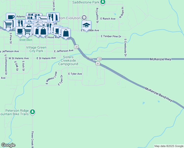 map of restaurants, bars, coffee shops, grocery stores, and more near 801 U.S. 20 in Sisters