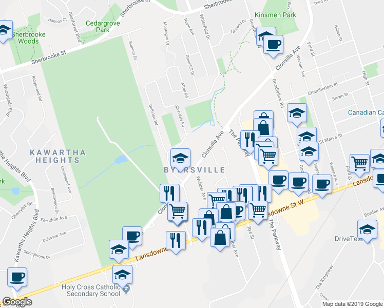 map of restaurants, bars, coffee shops, grocery stores, and more near 926 Whitefield Drive in Peterborough